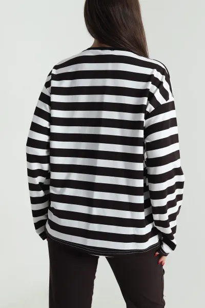 Kahverengi Oversize Çizgili Nakışlı Oysho Kadın Sweat 492882