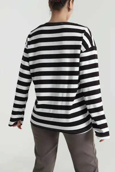 Kahverengi Oversize Çizgili Nakışlı Oysho Kadın Sweat 492886