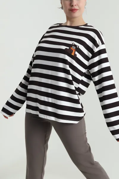 Kahverengi Oversize Çizgili Nakışlı Oysho Kadın Sweat 492886