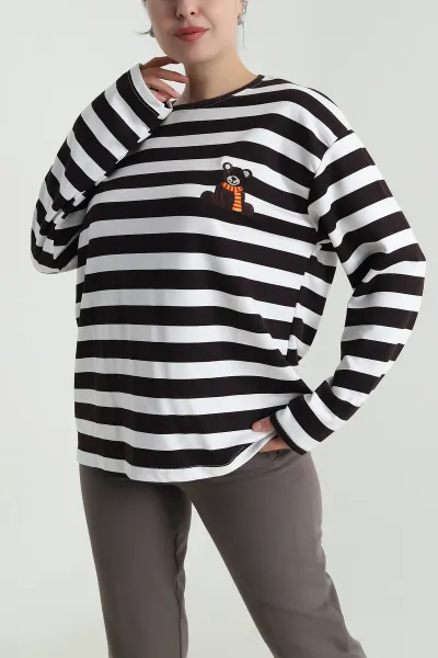 Kahverengi Oversize Çizgili Nakışlı Oysho Kadın Sweat 492886