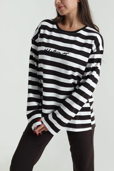 Kahverengi Oversize Çizgili Nakışlı Oysho Kadın Sweat 492890