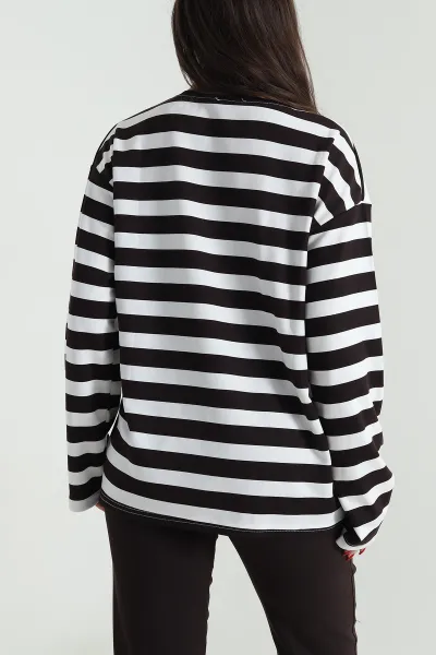 Kahverengi Oversize Çizgili Nakışlı Oysho Kadın Sweat 492890