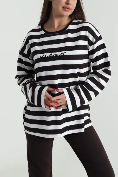 Kahverengi Oversize Çizgili Nakışlı Oysho Kadın Sweat 492890