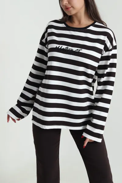 Kahverengi Oversize Çizgili Nakışlı Oysho Kadın Sweat 492890