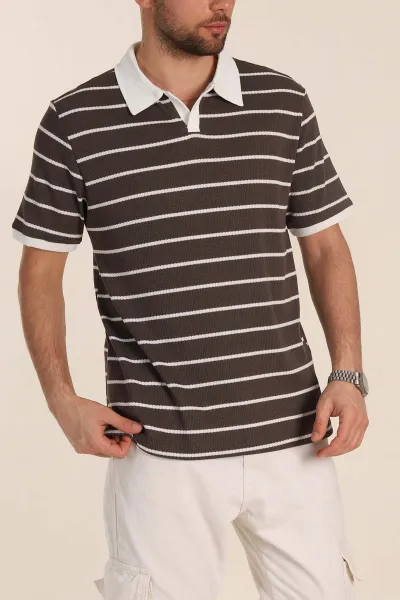 Kahverengi Oversize Çizgili Petek Dokulu Polo Yaka Erkek Triko Tişört 354054
