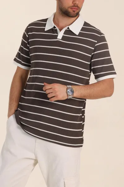 Kahverengi Oversize Çizgili Petek Dokulu Polo Yaka Erkek Triko Tişört 354054