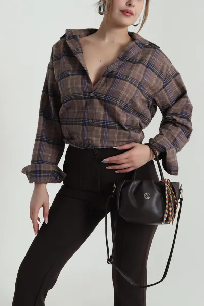 Kahverengi Oversize Ekose Kadın Gömlek 485545