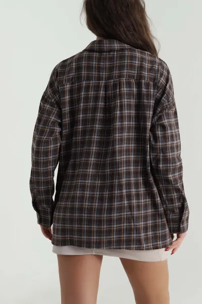 Kahverengi Oversize Ekose Kadın Gömlek 496842