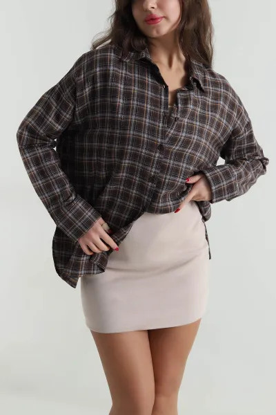 Kahverengi Oversize Ekose Kadın Gömlek 496842