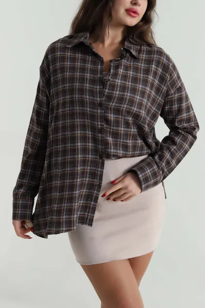 Kahverengi Oversize Ekose Kadın Gömlek 496842