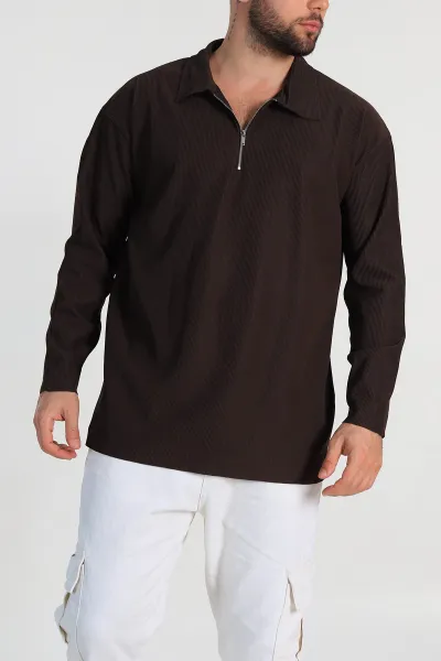 Kahverengi Oversize Fitilli Doku Fermuarlı Polo Yaka Sweatshirt 324398