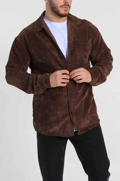 Kahverengi Oversize Fitilli Kadife Cep Detaylı Erkek Gömlek 318410