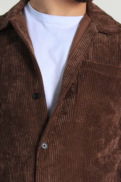 Kahverengi Oversize Fitilli Kadife Cep Detaylı Erkek Gömlek 318410