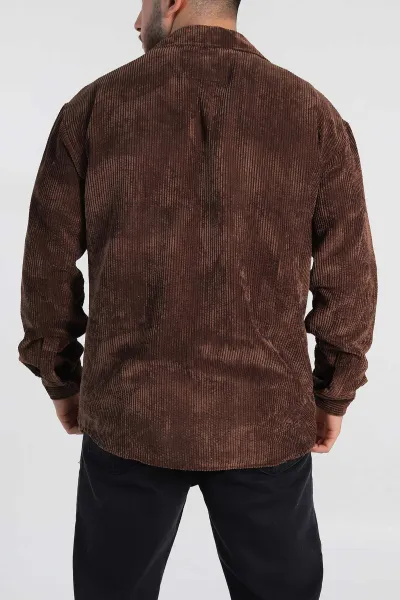 Kahverengi Oversize Fitilli Kadife Cep Detaylı Erkek Gömlek 318410