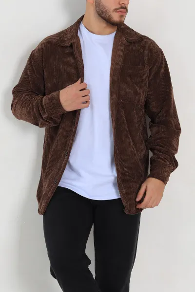 Kahverengi Oversize Fitilli Kadife Cep Detaylı Erkek Gömlek 318410