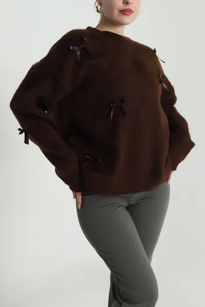 Kahverengi Oversize Fiyonklu Kadın Triko Kazak 491003