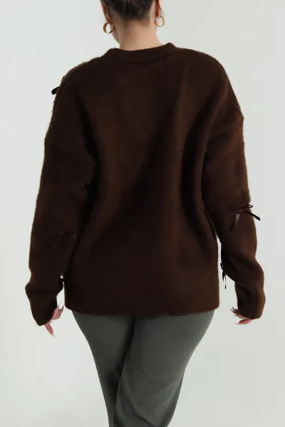 Kahverengi Oversize Fiyonklu Kadın Triko Kazak 491003