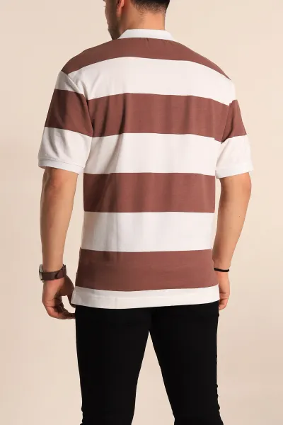 Kahverengi Oversize İki İp Geniş Çizgili Polo Yaka Erkek Tişört 257563