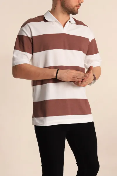 Kahverengi Oversize İki İp Geniş Çizgili Polo Yaka Erkek Tişört 257563