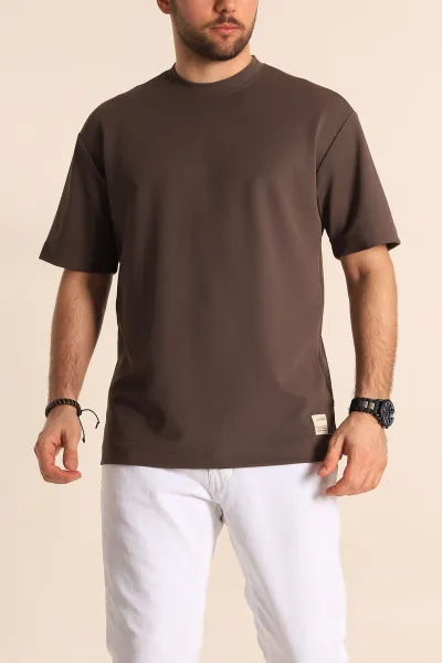 Kahverengi Oversize Jakarlı Basic Erkek Tişört 249459
