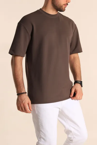 Kahverengi Oversize Jakarlı Basic Erkek Tişört 249459