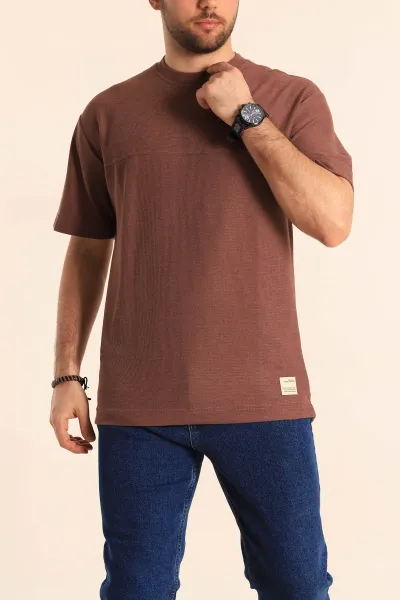 Kahverengi Oversize Jakarlı Dikiş Detaylı Erkek Tişört 253351