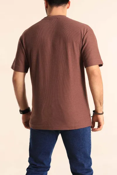 Kahverengi Oversize Jakarlı Dikiş Detaylı Erkek Tişört 253351