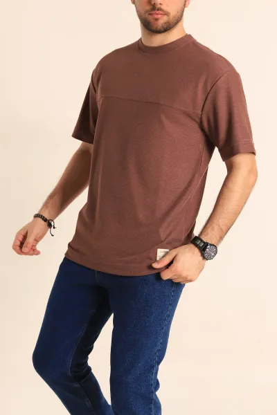 Kahverengi Oversize Jakarlı Dikiş Detaylı Erkek Tişört 253351
