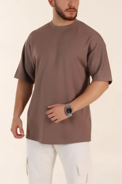 Kahverengi Oversize Oysho Kumaş Kabartma Yazılı Erkek Tişört 365100
