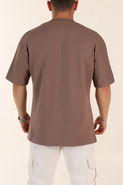 Kahverengi Oversize Oysho Kumaş Kabartma Yazılı Erkek Tişört 365100