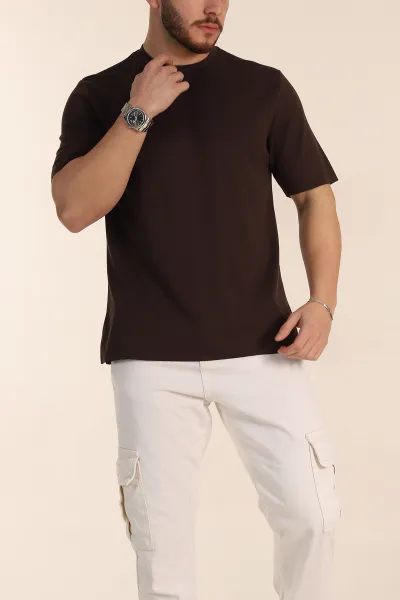 Kahverengi Oversize Oysho Kumaş Yırtmaç Detaylı Basic Erkek Tişört 348125