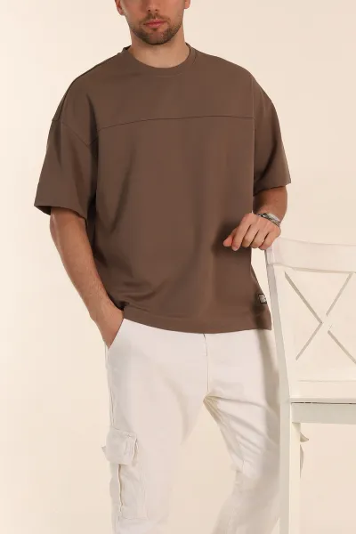 Kahverengi Oversize Parçalı Basic Erkek Tişört 351989