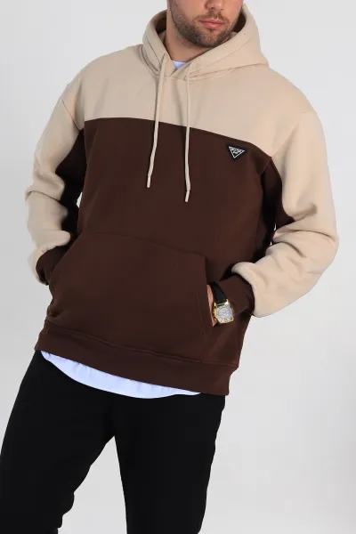 Kahverengi Oversize Parçalı Üç İp Şardonlu Kapüşonlu Erkek Sweatshirt 306476