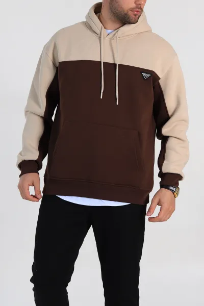 Kahverengi Oversize Parçalı Üç İp Şardonlu Kapüşonlu Erkek Sweatshirt 306476