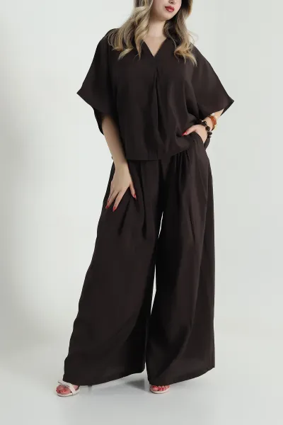 Kahverengi Oversize Tencel Kadın İkili Takım 482164