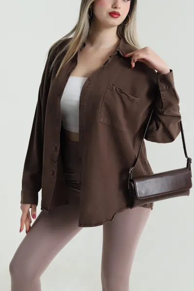 Kahverengi Oversize Tensel Kadın Gömlek 492648