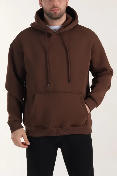 Kahverengi Oversize Üç İp Şardonlu Erkek Basic Kapüşonlu Sweatshirt 409947