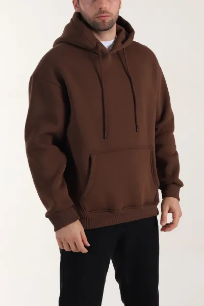 Kahverengi Oversize Üç İp Şardonlu Erkek Basic Kapüşonlu Sweatshirt 409947