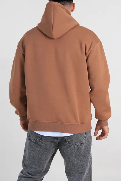 Kahverengi Oversize Üç İp Şardonlu Yazı Detaylı Kapüşonlu Erkek Sweatshirt 310966