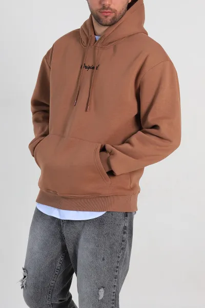Kahverengi Oversize Üç İp Şardonlu Yazı Detaylı Kapüşonlu Erkek Sweatshirt 310966