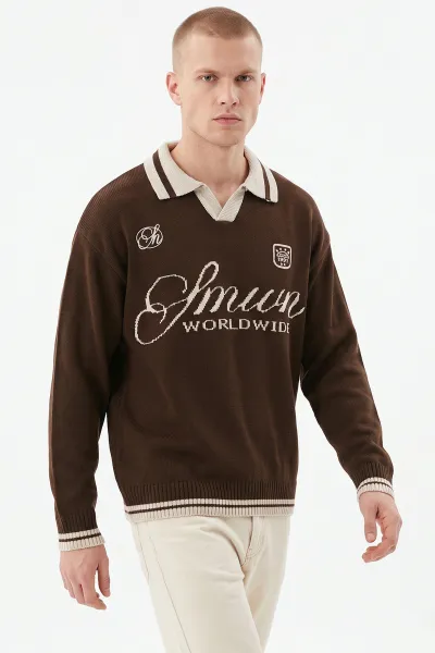 Kahverengi Oversize Yazı Detaylı Polo Yaka Erkek Triko Kazak 491835