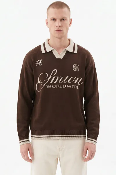 Kahverengi Oversize Yazı Detaylı Polo Yaka Erkek Triko Kazak 491835