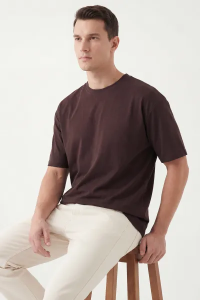 Kahverengi Oversize Oysho Kumaş Bisiklet Yaka Erkek Tişört 453872
