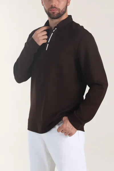 Kahverengi Oysho Kumaş Düğmeli Polo Yaka Erkek Sweatshirt 406024