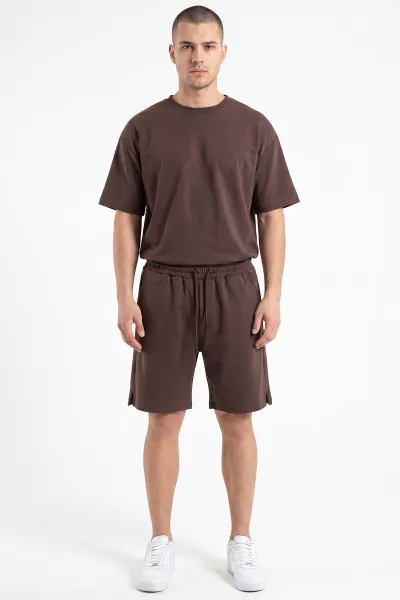 Kahverengi Oysho Kumaş Oversize Erkek Şortlu Takım 467617