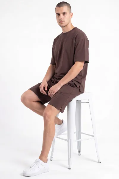 Kahverengi Oysho Kumaş Oversize Erkek Şortlu Takım 467617