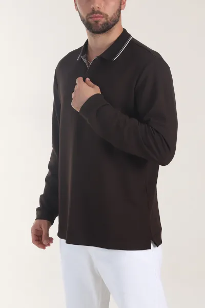 Kahverengi Oysho Kumaş Polo Yaka Çıt Çıtlı Erkek Sweatshirt 406050