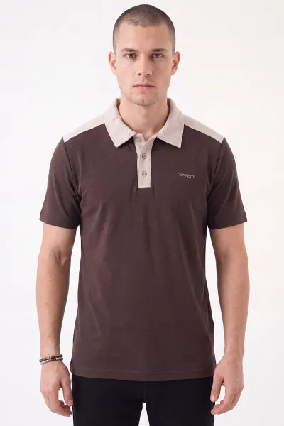 Kahverengi Oysho Kumaş Polo Yaka Düğme Detaylı Erkek Tişört 471697