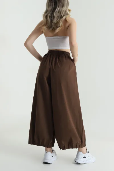 Kahverengi Paça Pileli Baggy Kadın Pantolon 478810