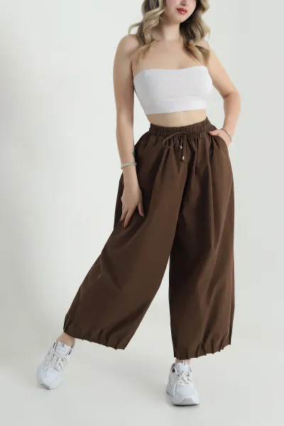 Kahverengi Paça Pileli Baggy Kadın Pantolon 478810